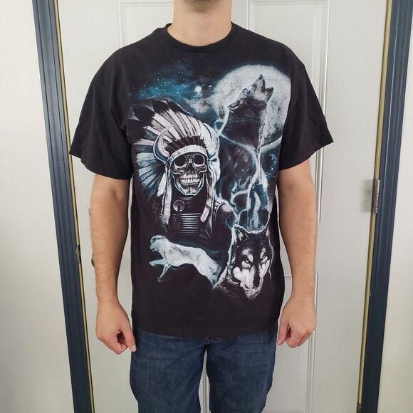Black and Blue Native American Wolf Tee - Picture 1 of 4